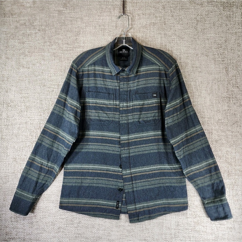 Sitka Gear Grange Flannel Shirt Mens M Green Gray Stripe Lightweight Sportsman
